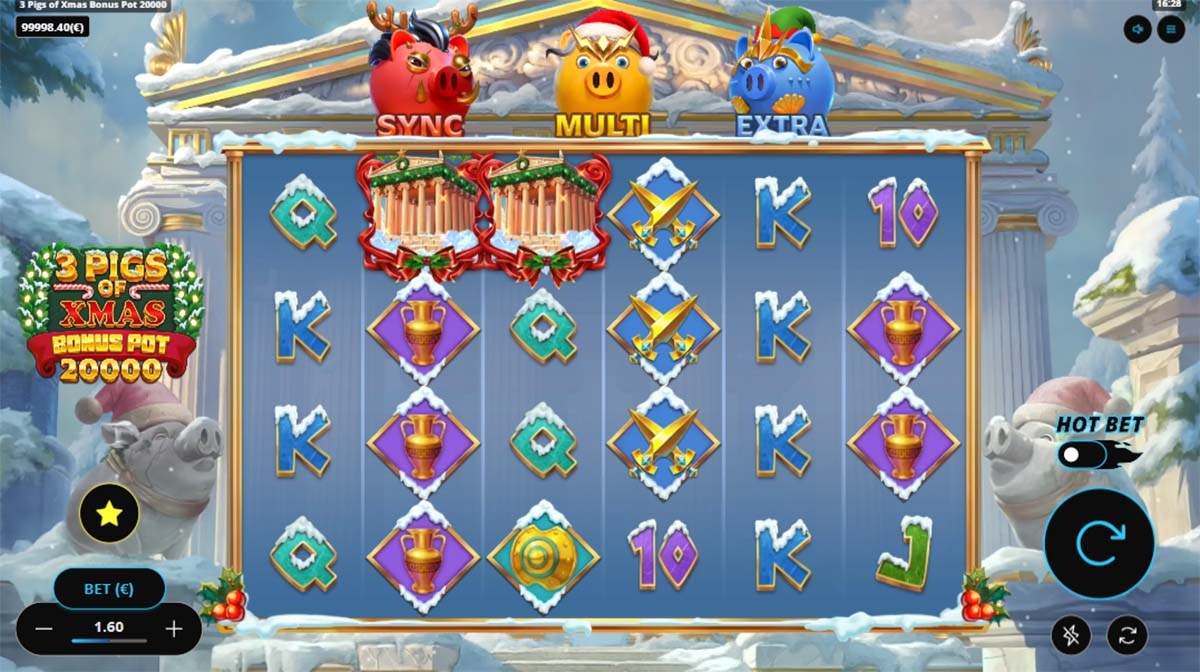 Christmas-themed slot with pig characters and bonus pot feature