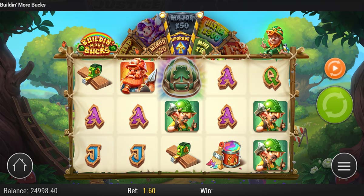 Construction-themed slot with upgrade wheel and high payout features