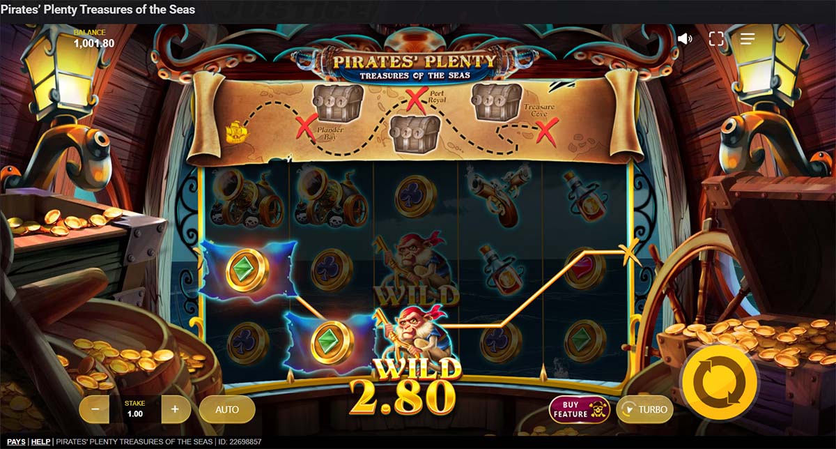 Pirate-themed slot game with treasure map bonus