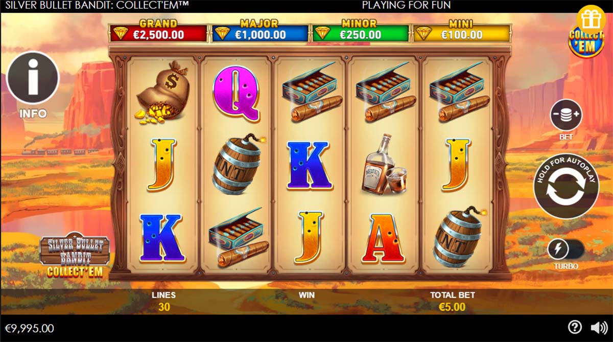 Silver Bullet Bandit Collect’ Em slot with Collect’ Em feature